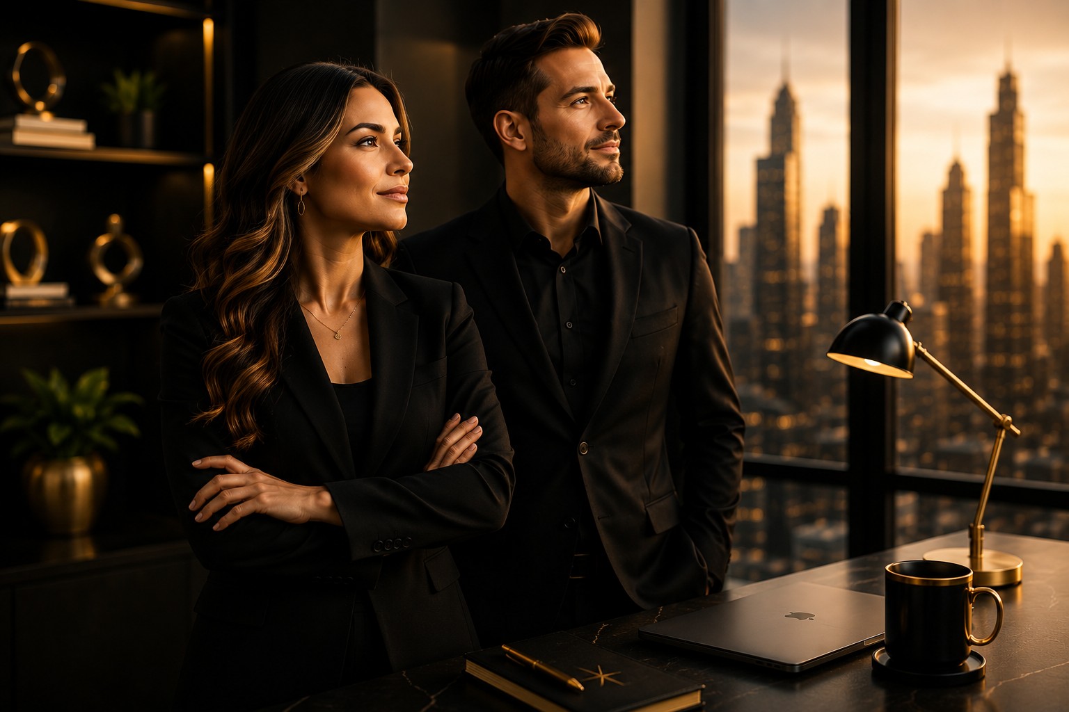 Professional woman and man in a premium office setting