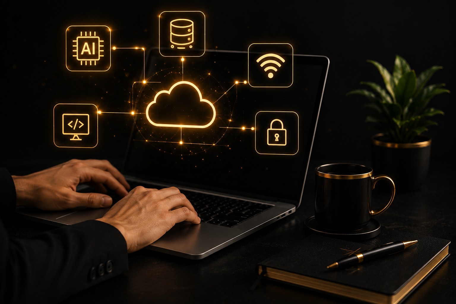 Laptop with practical technology and AI visuals
